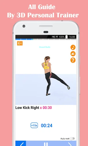 3D personal trainer demonstrating low kick right exercise with timer for female kickboxing cardio workout