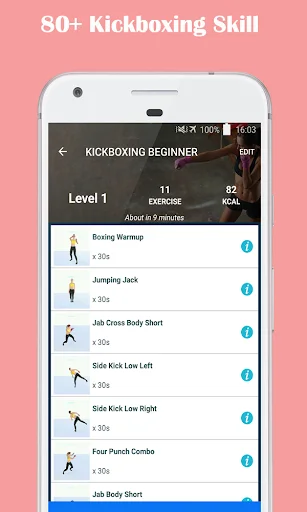 Kickboxing beginner level 1 exercise list with 11 moves including boxing warmup, kicks, and punch combinations