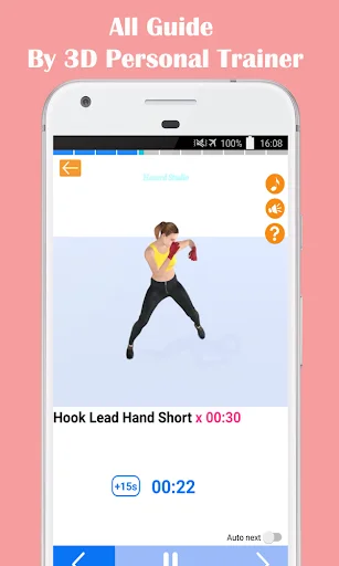 3D trainer guide for hook lead hand short punch technique with timer for female kickboxing fitness