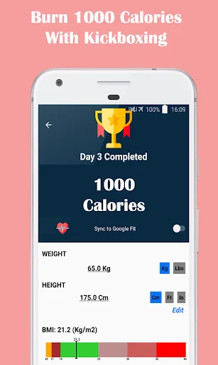 Day 3 completed with 1000 calories burned, showing weight, height, and BMI tracker for kickboxing fitness