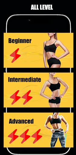 Workout difficulty levels screen with Beginner, Intermediate, and Advanced progression options and lightning bolt icons
