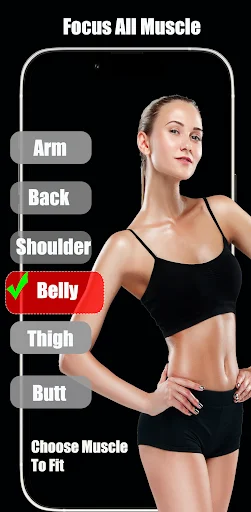 Muscle group selection menu showing targeted areas: Arm, Back, Shoulder, Belly, Thigh, and Butt for focused workouts