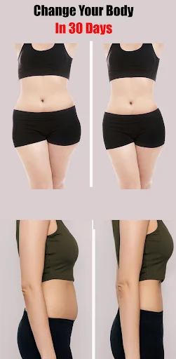 Before and after 30-day body transformation comparison showing results for abs, waist, and arm toning exercises
