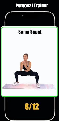 Personal Trainer Sumo Squat exercise demonstration with repetition counter showing 8 out of 12 reps progress