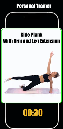 Personal Trainer Side Plank With Arm and Leg Extension exercise with 30-second timer and instruction display