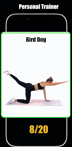 Personal Trainer Bird Dog exercise demonstration showing proper form with 8 out of 20 repetition tracker