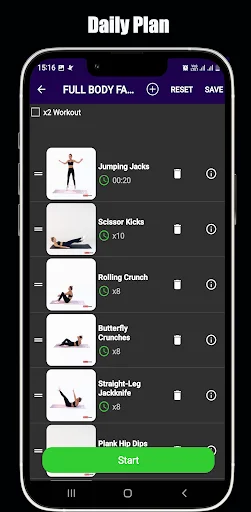 Daily Plan full body workout routine listing Jumping Jacks, Scissor Kicks, Rolling Crunch, and Planks with Start button