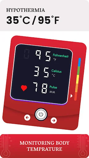 Body temperature tracker showing hypothermia at 35°C/95°F with digital thermometer display and pulse monitor