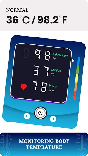Normal body temperature reading of 36°C/98.2°F displayed on fever tracker app with Celsius and Fahrenheit metrics