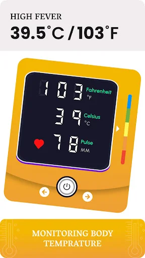 High fever alert showing 39.5°C/103°F on medical temperature monitoring app with color-coded thermometer