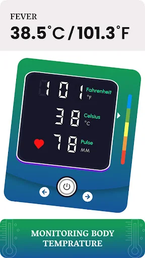 Fever temperature tracker displaying 38.5°C/101.3°F reading with pulse rate on health monitoring interface