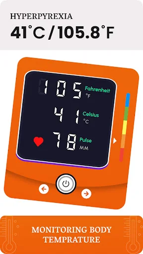 Hyperpyrexia warning at 41°C/105.8°F on body temperature fever tracker app with digital health monitor