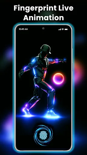 Neon glowing humanoid figure with blue energy effects and fingerprint lock screen animation for phone personalization