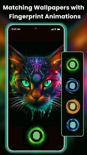 Colorful neon cat wallpaper with matching fingerprint animation styles in green, blue, and yellow color variations