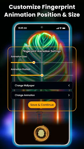 Settings screen showing sliders to customize fingerprint animation size and position with wallpaper and animation options