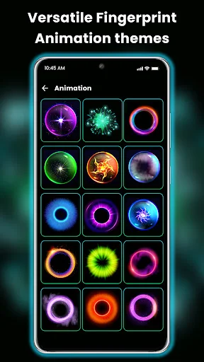 Gallery displaying 15 diverse fingerprint animation theme designs with colorful neon patterns and visual effects