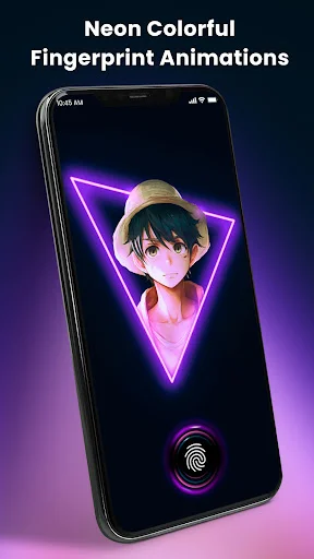 Neon purple triangle frame with anime character and glowing purple fingerprint lock screen animation effect