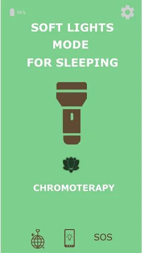 Flashlight app soft lights mode for sleeping with chromoterapy feature on green screen with torch icon