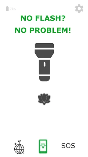 Flashlight app screen display showing no flash no problem message with LED torch icon and navigation