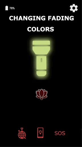 Flashlight app changing fading colors mode with glowing yellow torch light effect on dark screen