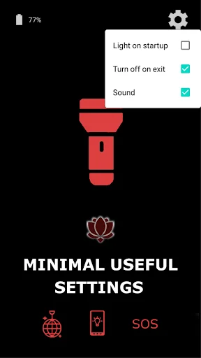 Flashlight torch app settings menu showing light on startup turn off on exit and sound options