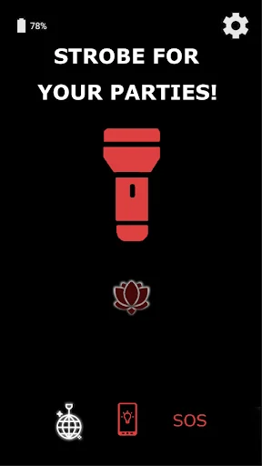 Flashlight app strobe mode for parties feature with red torch icon and SOS emergency button