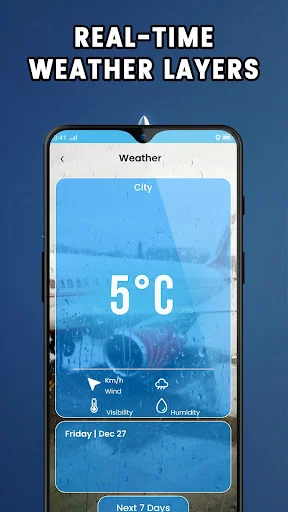Weather information display showing real-time temperature readings, wind speed, visibility, humidity, and 7-day forecast.
