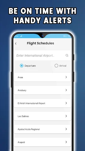 Flight schedules screen with departure and arrival airport selection for setting flight alerts and tracking times
