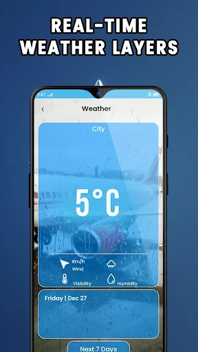 Real-time weather information screen showing temperature, wind speed, visibility and humidity for flight planning