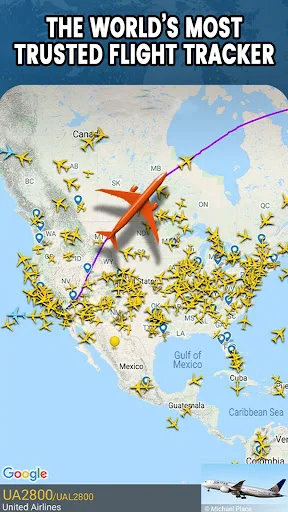 Flight Tracker live map showing aircraft positions, flight routes, and United Airlines flight status details in real-time.