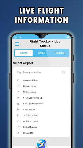Flight Tracker app with Airline tab for live flight information lookup with dropdown showing major carriers and airlines.
