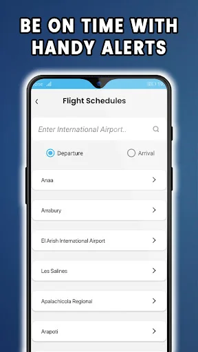 Flight schedules search with airport selection, departure/arrival filters, and international airport list for travel.