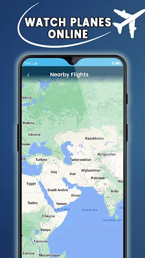 Nearby Flights map displaying real-time aircraft positions across Central Asia, Middle East, and surrounding world regions.