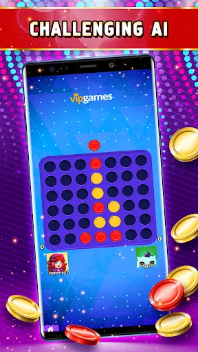 Challenging AI gameplay in 4 in a Row with red and yellow pieces on vertical grid board