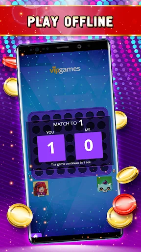Offline play mode showing match score 1-0 in Four in a Row board game