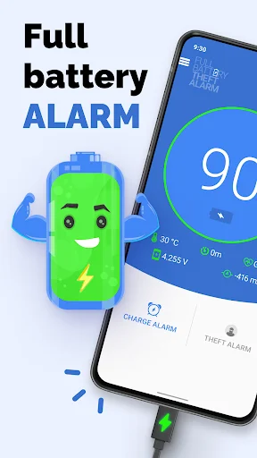 Battery Life Monitor app showing full battery alarm feature with charging indicator at 96% and theft alarm option