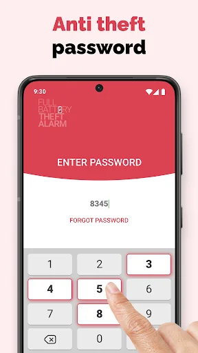 Anti-theft password protection screen with numeric keypad for securing battery alarm app against unauthorized access