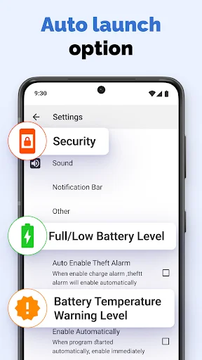 Battery monitor app settings showing auto launch options for security, battery levels, and temperature warnings