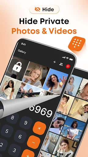 Gallery Vault Calculator Lock app main feature showing hidden photo gallery with lock icon and calculator interface with orange buttons