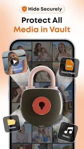 Large padlock vault icon protecting all media types including video, documents, folder and music files with secure encryption on mobile phone