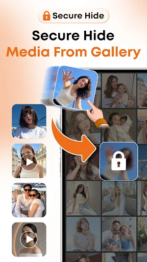 Photos moving from gallery to locked vault via arrow indicator, showing secure hide feature transferring images from phone gallery to encrypted storage