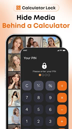 Calculator lock interface with gallery photos on left side and dark calculator screen with PIN entry dots prompting user password on right side