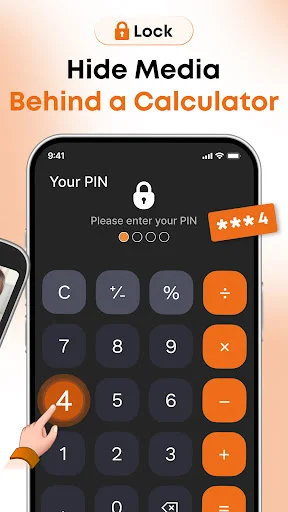 Calculator lock PIN entry screen prompting user to enter PIN with orange numeric buttons to secure and hide media behind calculator app