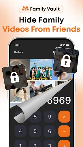 Family vault feature with locked family photos and video thumbnails protected by calculator interface with PIN code security protection
