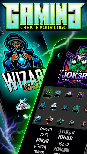 Gaming Logo Maker intro screen with wizard and joker logos; browse 110+ stickers for custom gaming designs