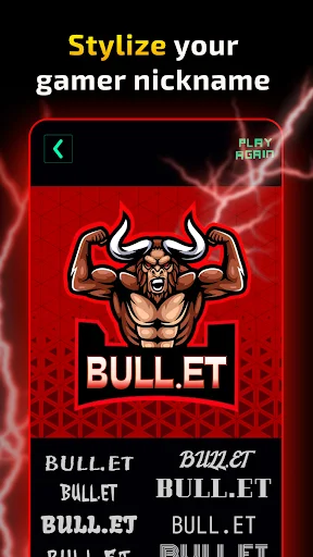 Stylize gamer nickname feature showing BULLET logo example with multiple text formatting options for gaming names