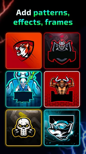 Gaming logo customization showing 6 template designs with patterns, effects, and frame options for esports logos