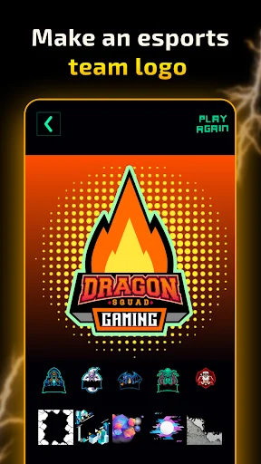 Esports team logo maker showing Dragon Gaming logo with mascot designs and customization options for team branding
