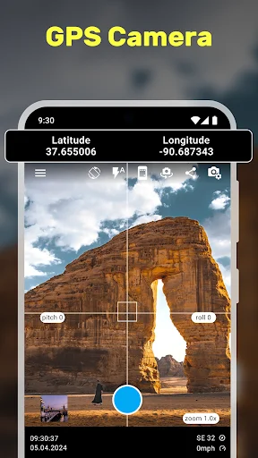 GPS Camera app interface showing camera viewfinder with latitude longitude coordinates and geotag photography controls