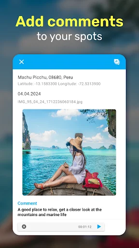 Add location comments feature showing Machu Picchu Peru photo with GPS coordinates and travel notes interface